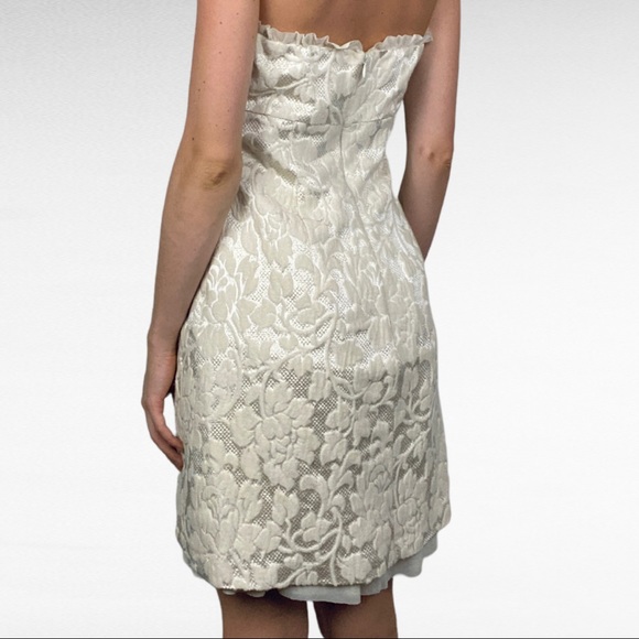 NOTICE | Cream Metallic Gold Brocade Wool Blend Bandeau Strapless Mini Dress - Picture 8 of 16